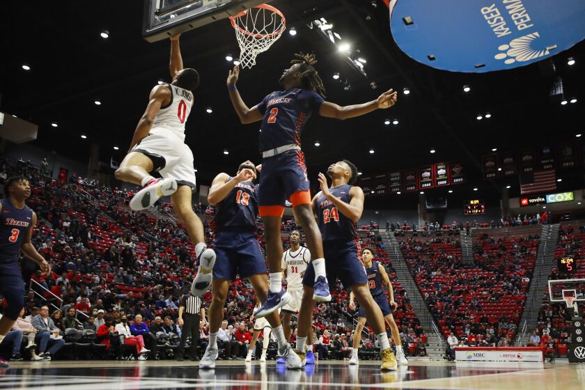 SAN DIEGO, CA - DECEMBER 8: San Diego State's Keshad Johnson (0) makes a reverse lay up against Cal State Fullerton on Wednesday, Dec. 8, 2021 in San Diego. (K.C. Alfred / The San Diego Union-Tribune)