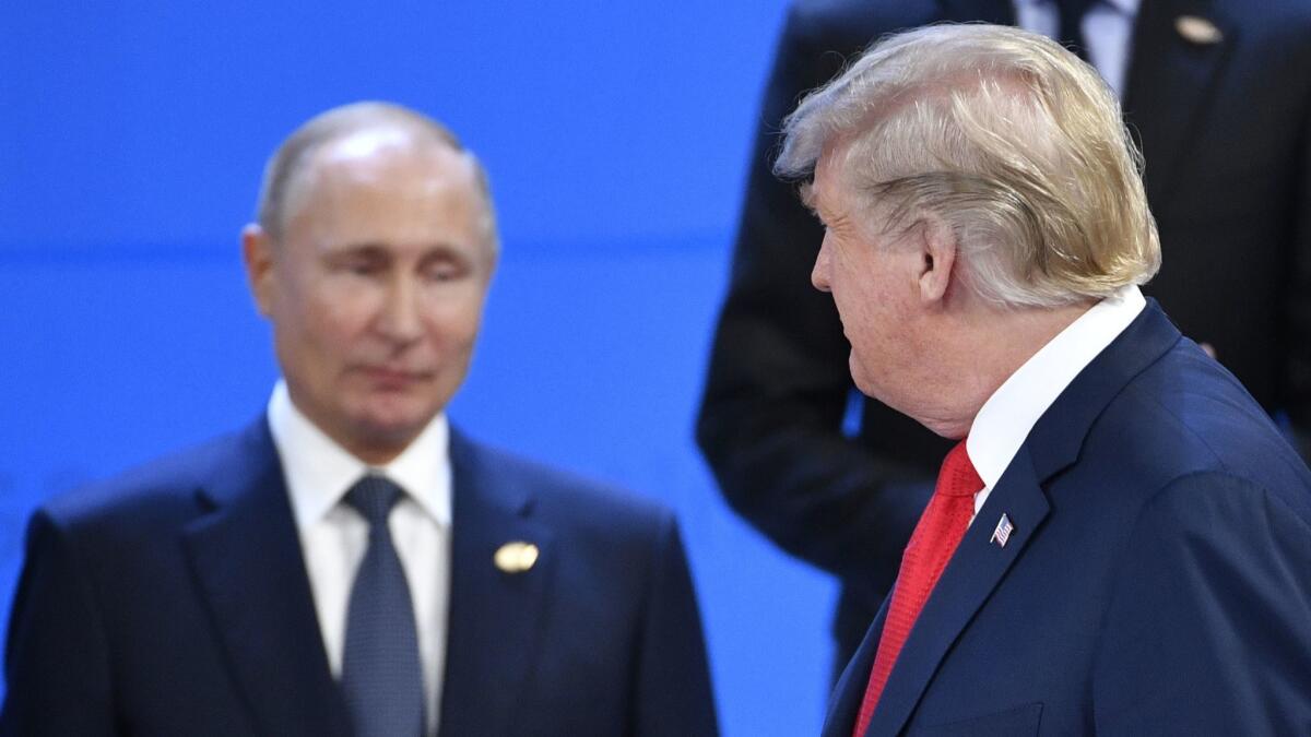President Trump and Russian President Vladimir Putin on Friday at the G-20 summit in Buenos Aires.
