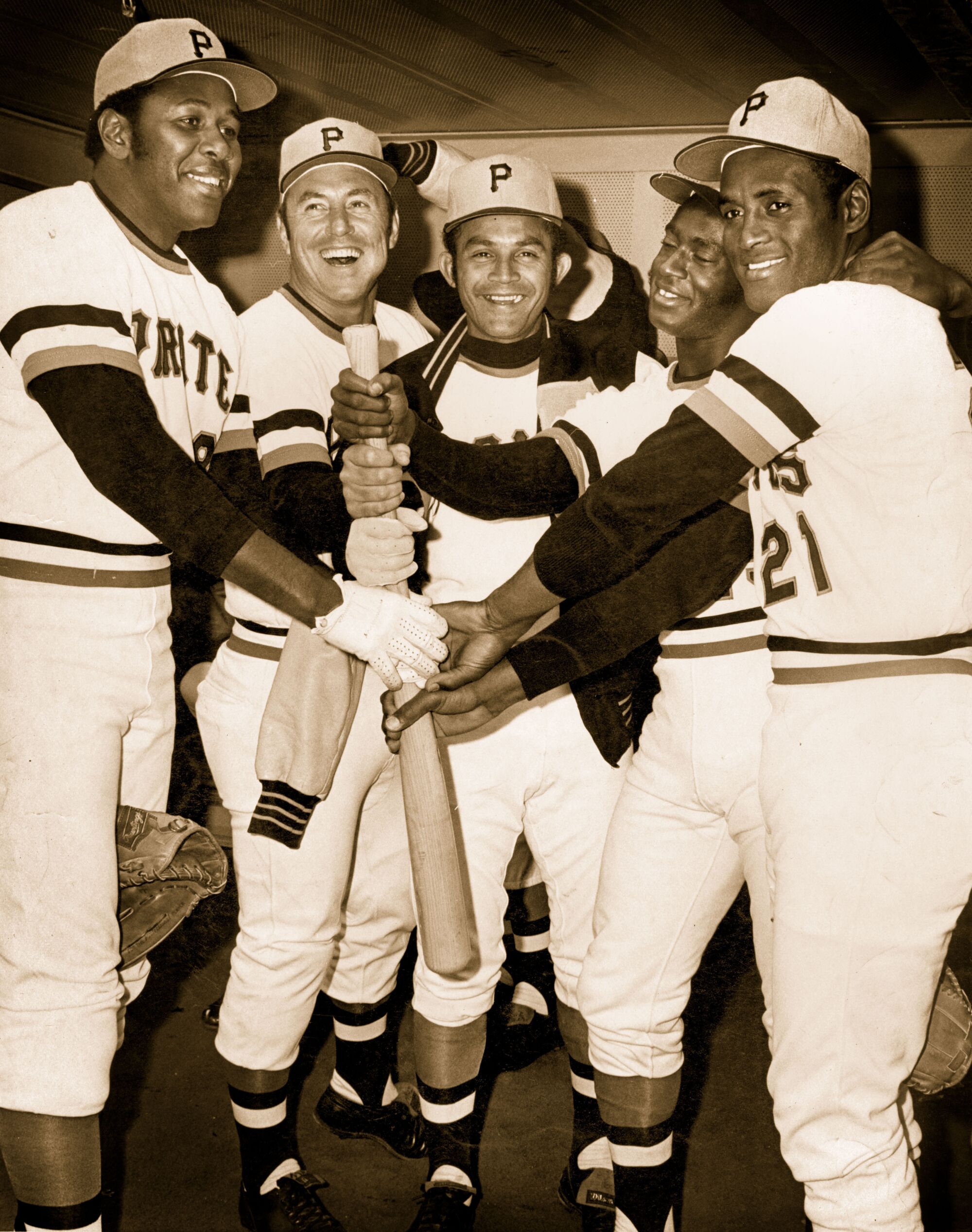 From left, Willie Stargell, Bill Mazeroski, Vic Davalillo, Gene Clines and Roberto Clemente