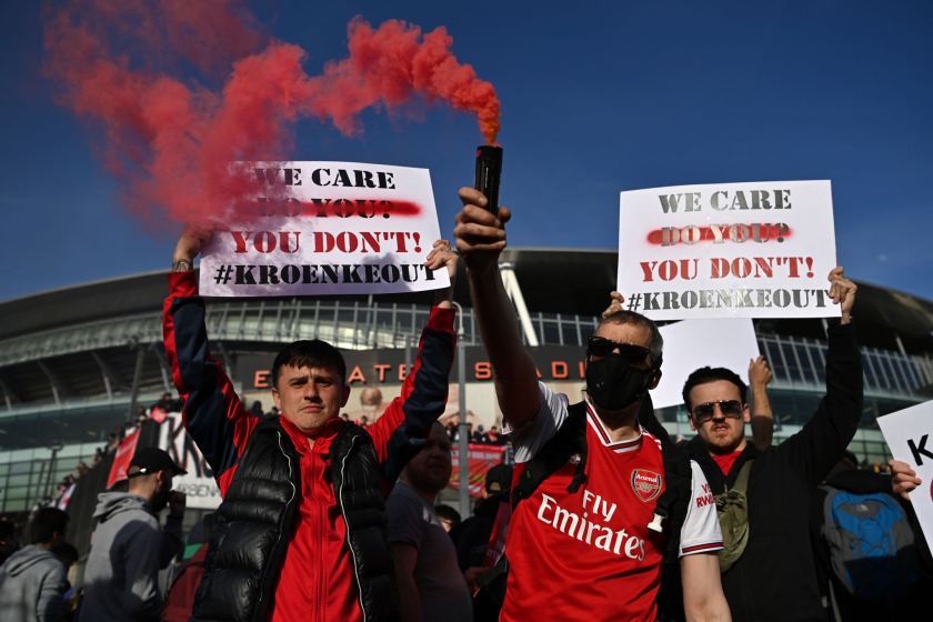 Arsenal fans protest against team owner Stan Kroenke and the European Super League before an EPL match April 23, 2021.