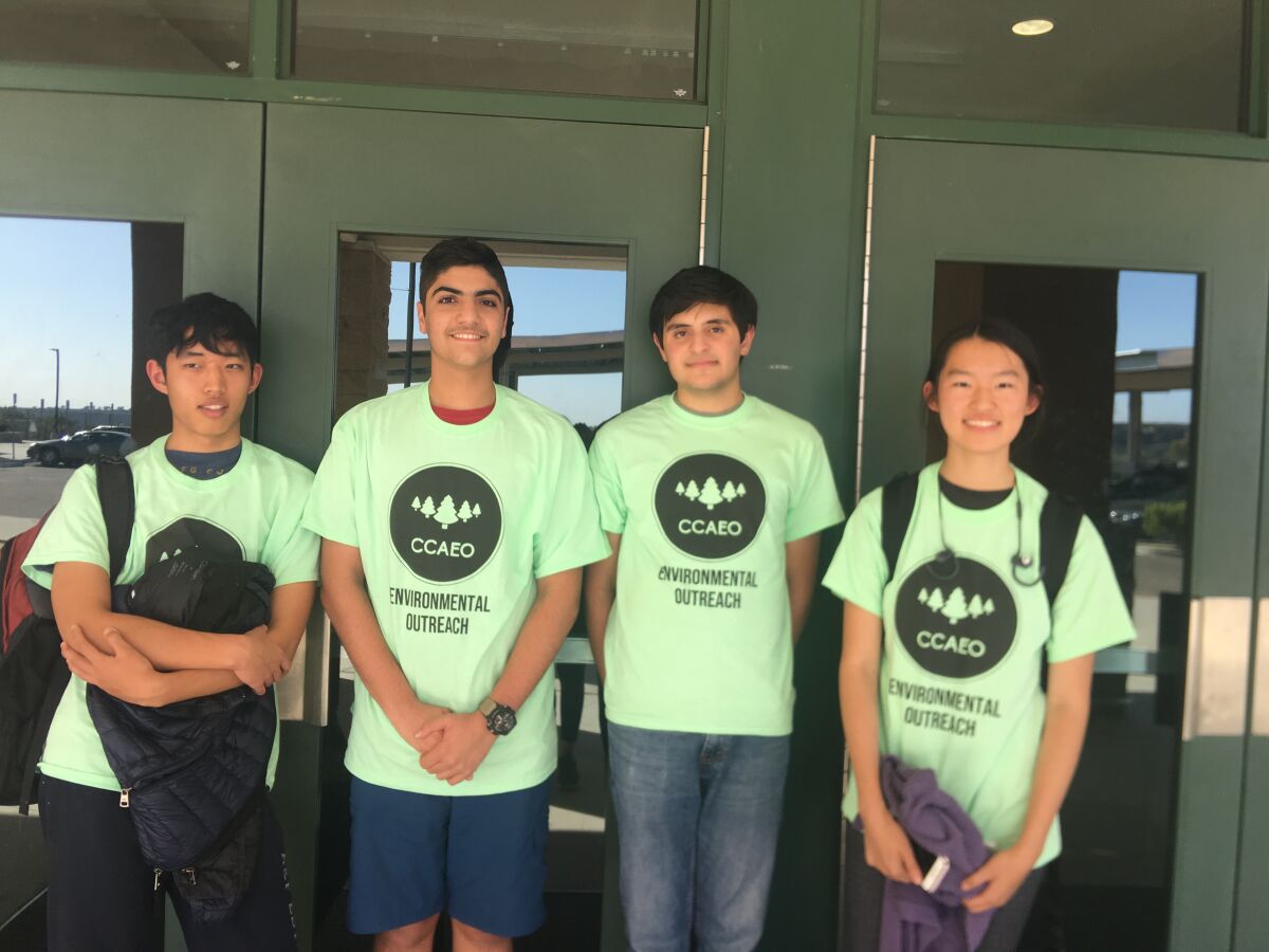 Canyon Crest Academy Environmental Outreach Club members Paul Han, Shayan Azmoodeh, Alex Shahla and Lele Zhang.