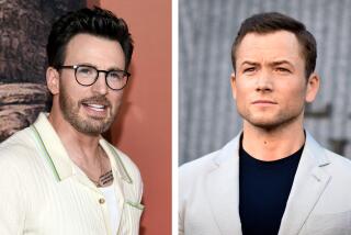 Left: Chris Evans wears glasses and a cream polo. Right: Taron Egerton wears a black tee and pale gray blazer. 