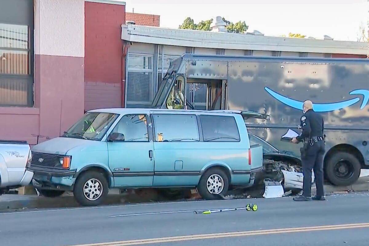 A pedestrian was killed by a man driving a stolen Amazon truck in South Los Angeles.