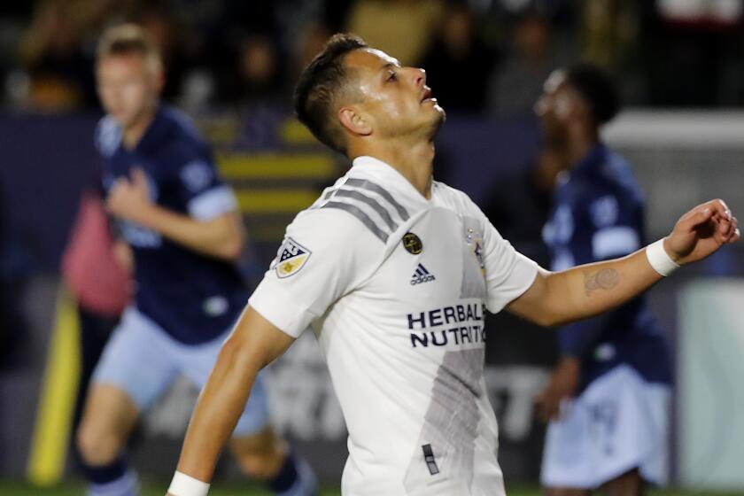 CARSON, CALIF. -MAR. 7, 2020, Javier "Chicharito" Hernandez reacts after a save by Vancouver goalie Maxime Crepeau in the first half at Dignity Health Sports Park in Carson on Saturday, Mar. 7, 2020. (Luis Sinco/Los Angeles Times)
