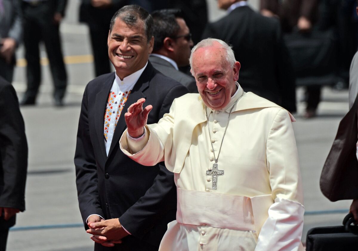 Pope Francis with Ecuadorean President Rafael Correa at the airport in Quito before his departure for Bolivia on July 8.