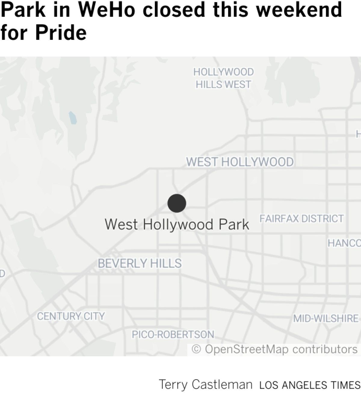 Map showing West Hollywood Park, which is closed this weekend.