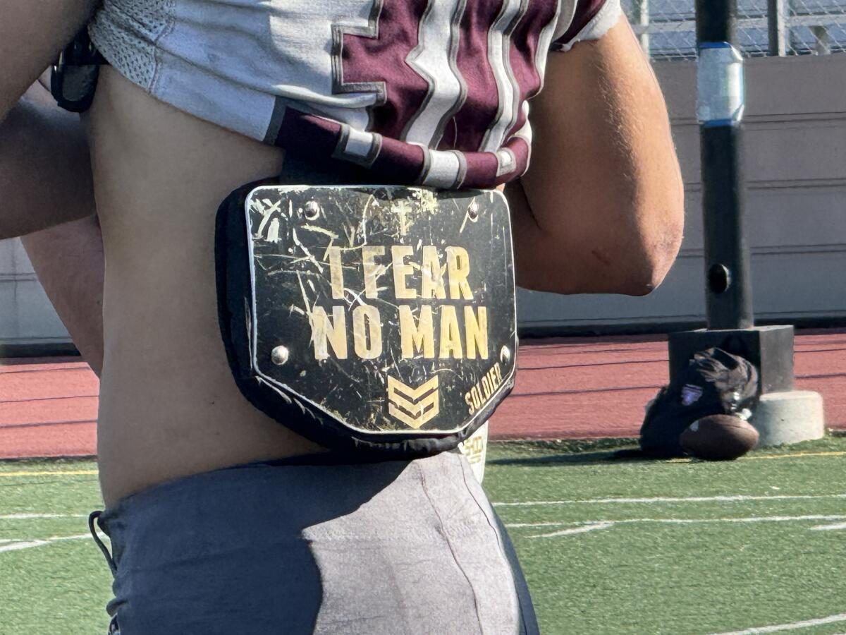 Column: Torrance has nothing to concern with Jake Silverman working the protection 1 Jake Silverman's message on the back of his Torrance High football jersey.