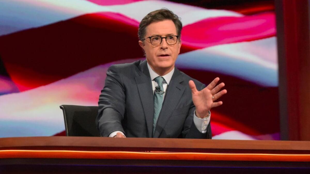 Stephen Colbert, host of "The Late Show with Stephen Colbert," appears during a broadcast in New York.