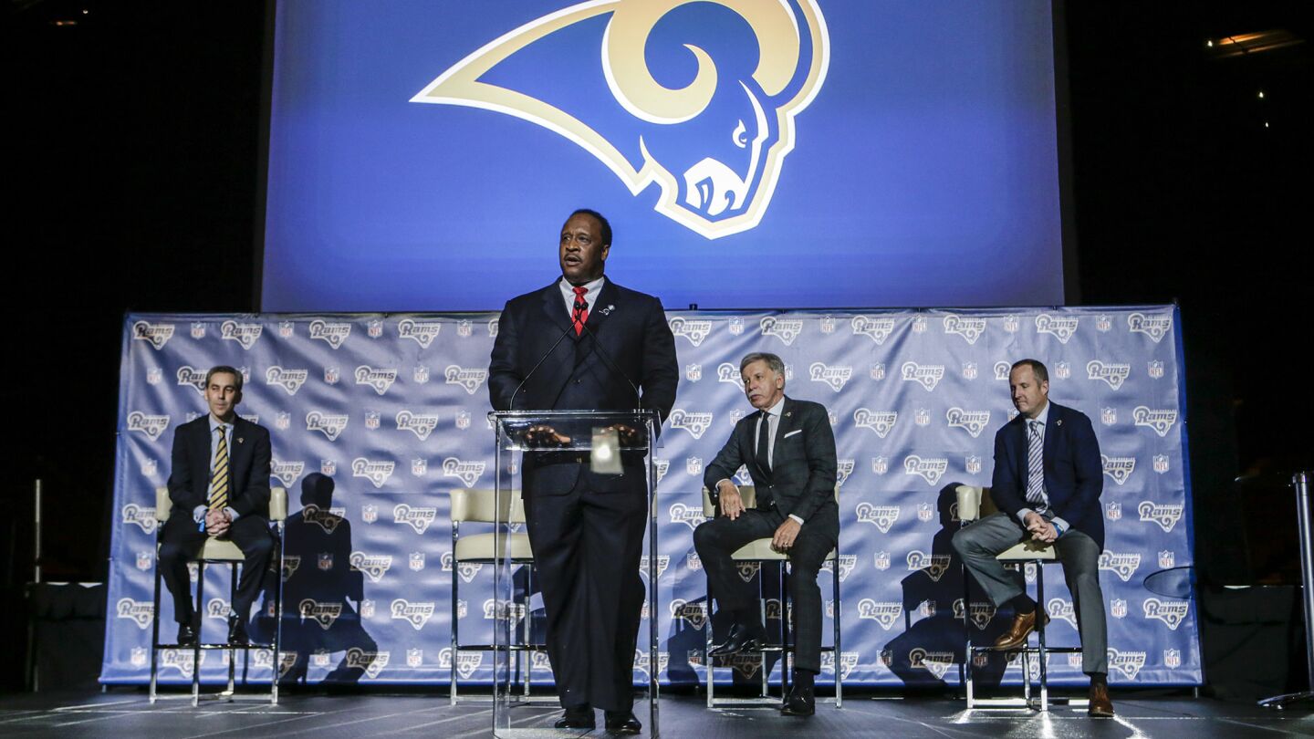Inglewood Mayor James T. Butts Jr. addresses a news conference Friday at the Forum to re-introduce the Rams to Los Angeles.