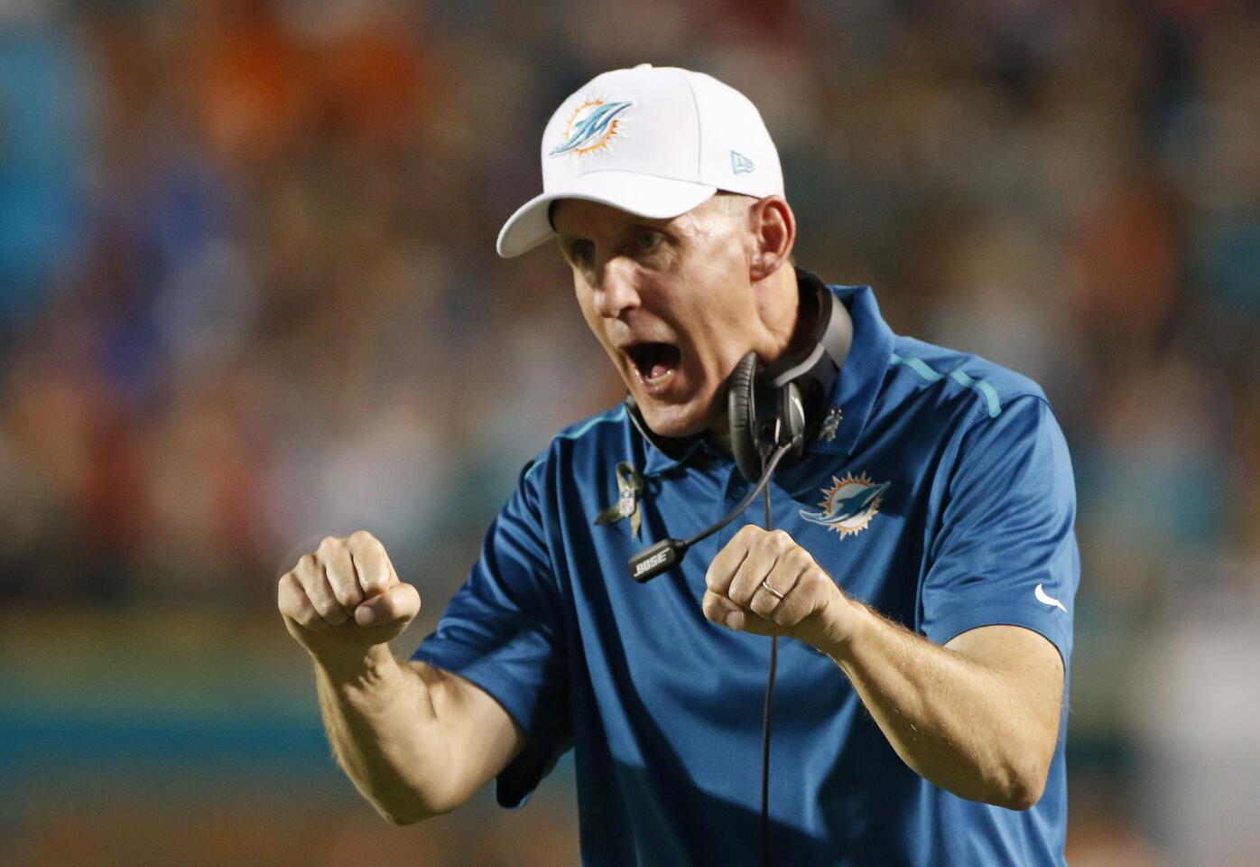 MIAMI GARDENS, FL - NOVEMBER 13: Head coach Joe Philbin of the Miami Dolphins argues a call in the second quarter of play against the Buffalo Bills in a game at Sun Life Stadium on November 13, 2014 in Miami Gardens, Florida. (Photo by Marc Serota/Getty Images) ORG XMIT: 507866137