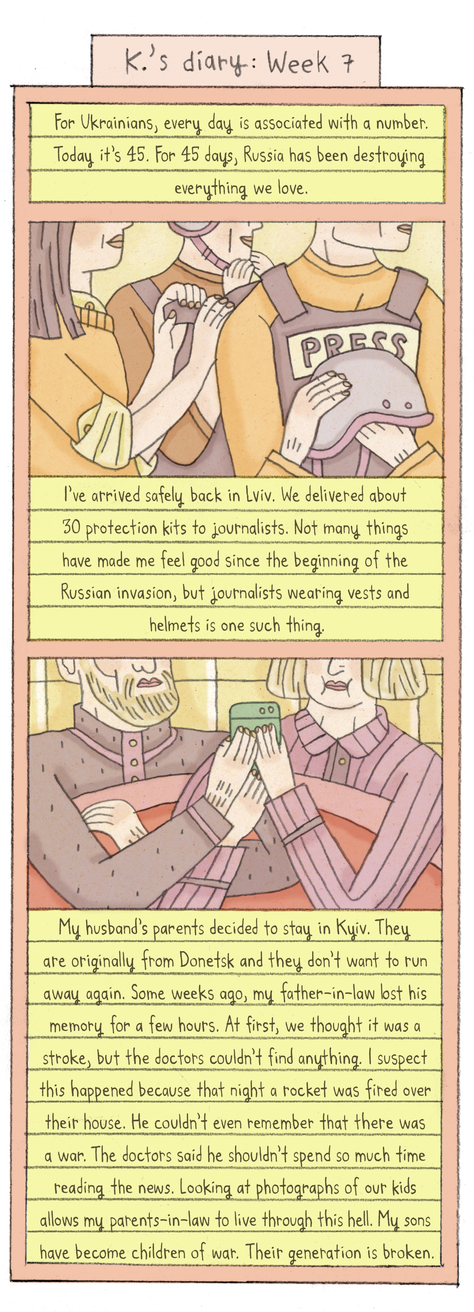 Comic depicting civilians providing protective gear to journalists. An older couple looks at a phone in bed.