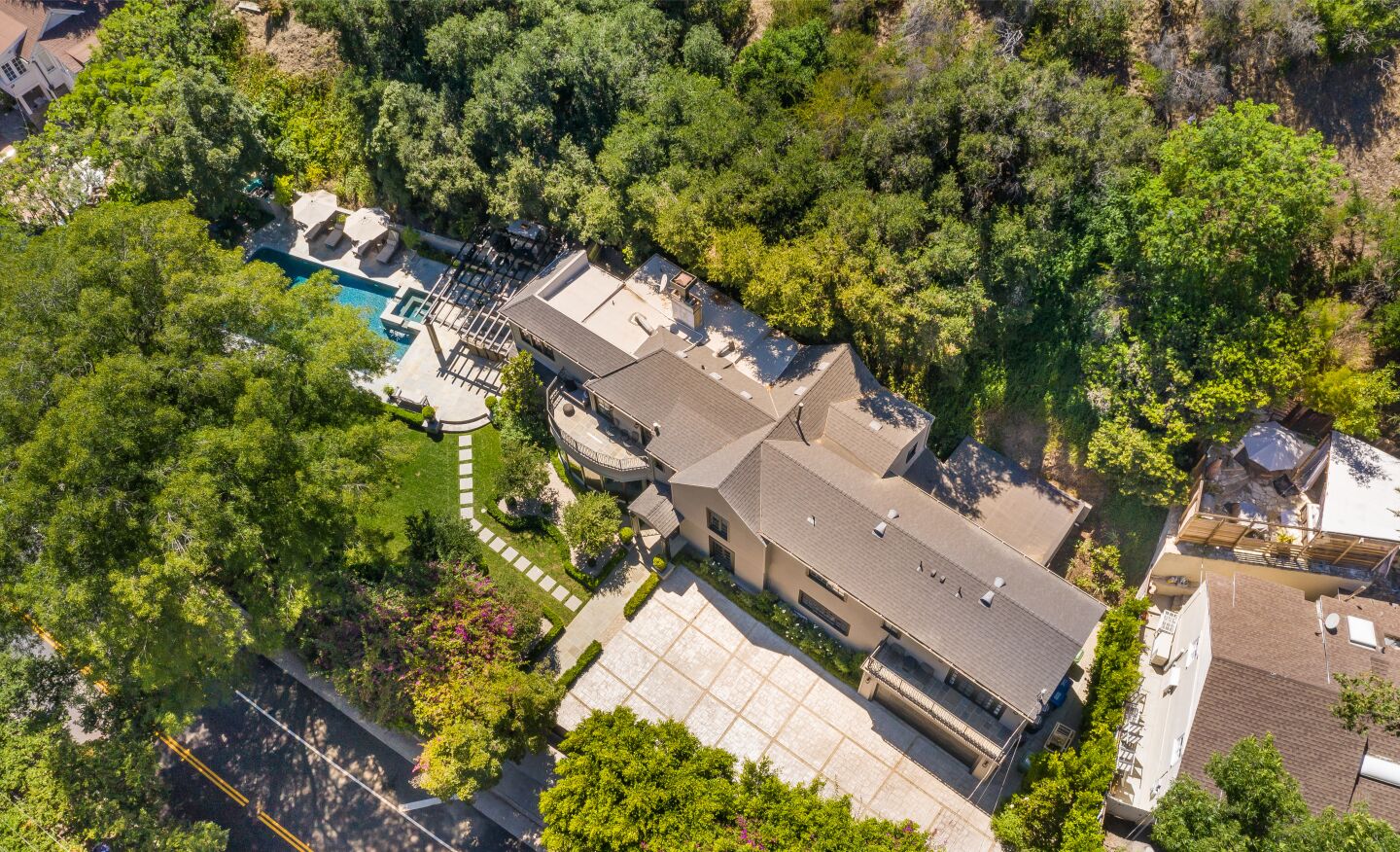 An aerial view of the two-story home.