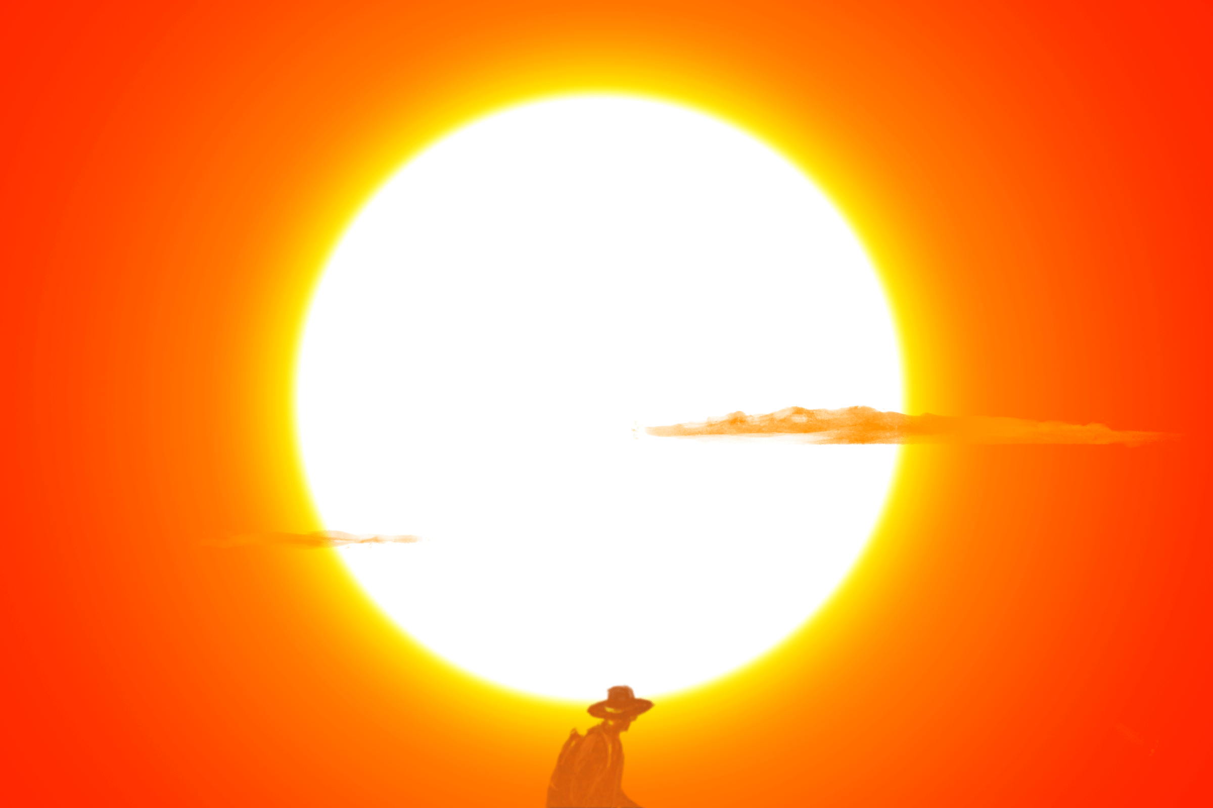 illustration of a man in the desert with a large hot sun behind him. a wavy heat effect animates.