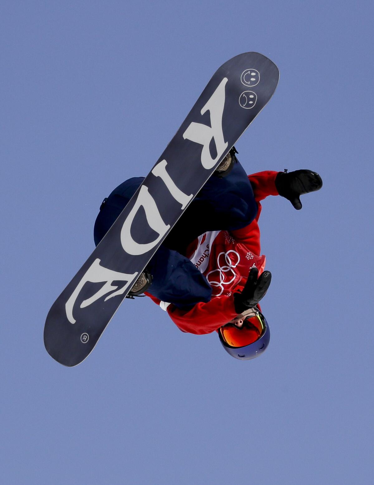 Billy Morgan of Britain jumps in the men's big air snowboard qualification competition at the 2018 Winter Olympics in Pyeongchang. (Kirsty Wigglesworth / AP)