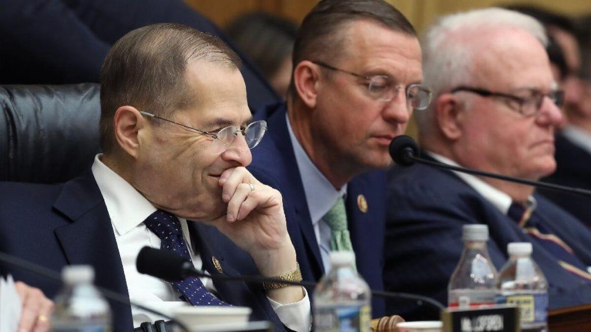 House Judiciary Committee Chairman Jerrold Nadler (D-N.Y.), left, presides over a hearing Wednesday over whether to hold Atty. Gen. William Barr in contempt of Congress for not providing an unredacted copy of special prosecutor Robert S. Mueller III's report.