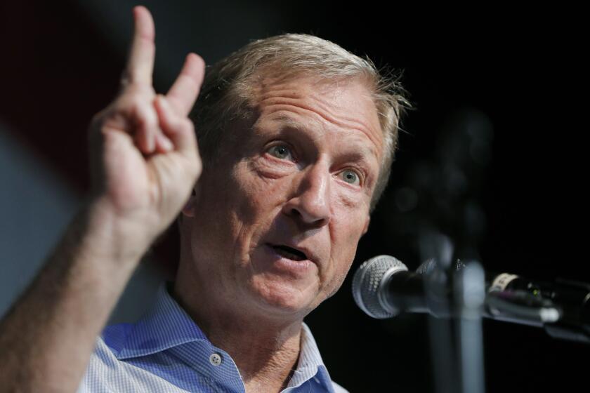 FILE - In this Aug. 9, 2019 photo, Democratic presidential candidate and businessman Tom Steyer speaks at the Iowa Democratic Wing Ding at the Surf Ballroom in Clear Lake, Iowa. A handful of struggling Democratic presidential hopefuls are bracing for bad news as the window to qualify for the party’s next debate closes quickly. (AP Photo/John Locher)