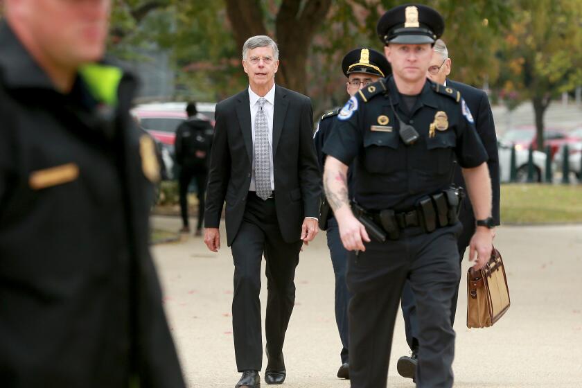 WASHINGTON, D.C.,OCTOBER 22, 2019— William Taylor, the top U.S. diplomat to Ukraine who called it "crazy" that the United States would condition the release of security assistance to Ukraine on opening an investigation into Democrats, arrived at the Capitol to testify Tuesday Oct. 22, behind closed doors in the House impeachment inquiry. Taylor's testimony comes as a growing number of Republicans in Congress struggle to defend the president's actions over Ukraine and Syria. (kirk D. McKoy / Los Angeles Times)