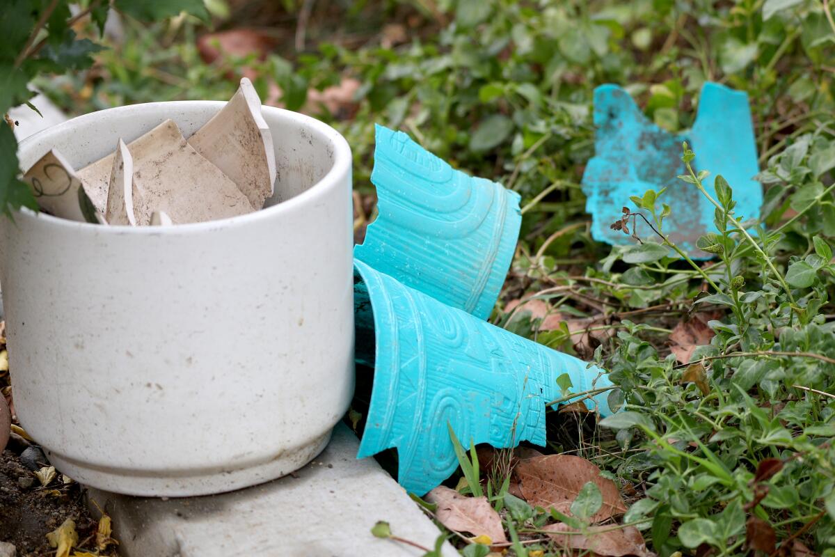 Flower pots that were placed around the Comfort Women Peace Monument in Glendale’s Central Park were shattered on Thursday in addition to an unknown brown substance being smeared onto the memorial.