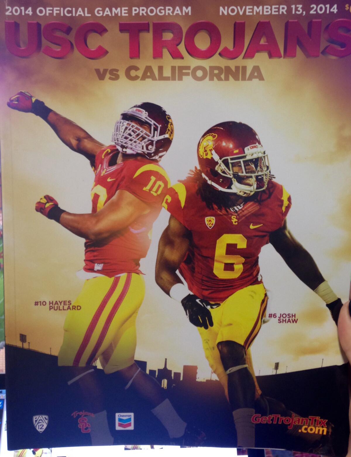 USC linebacker Hayes Pullard, left, and suspended cornerback Josh Shaw are featured on the cover of the USC-Cal game program.