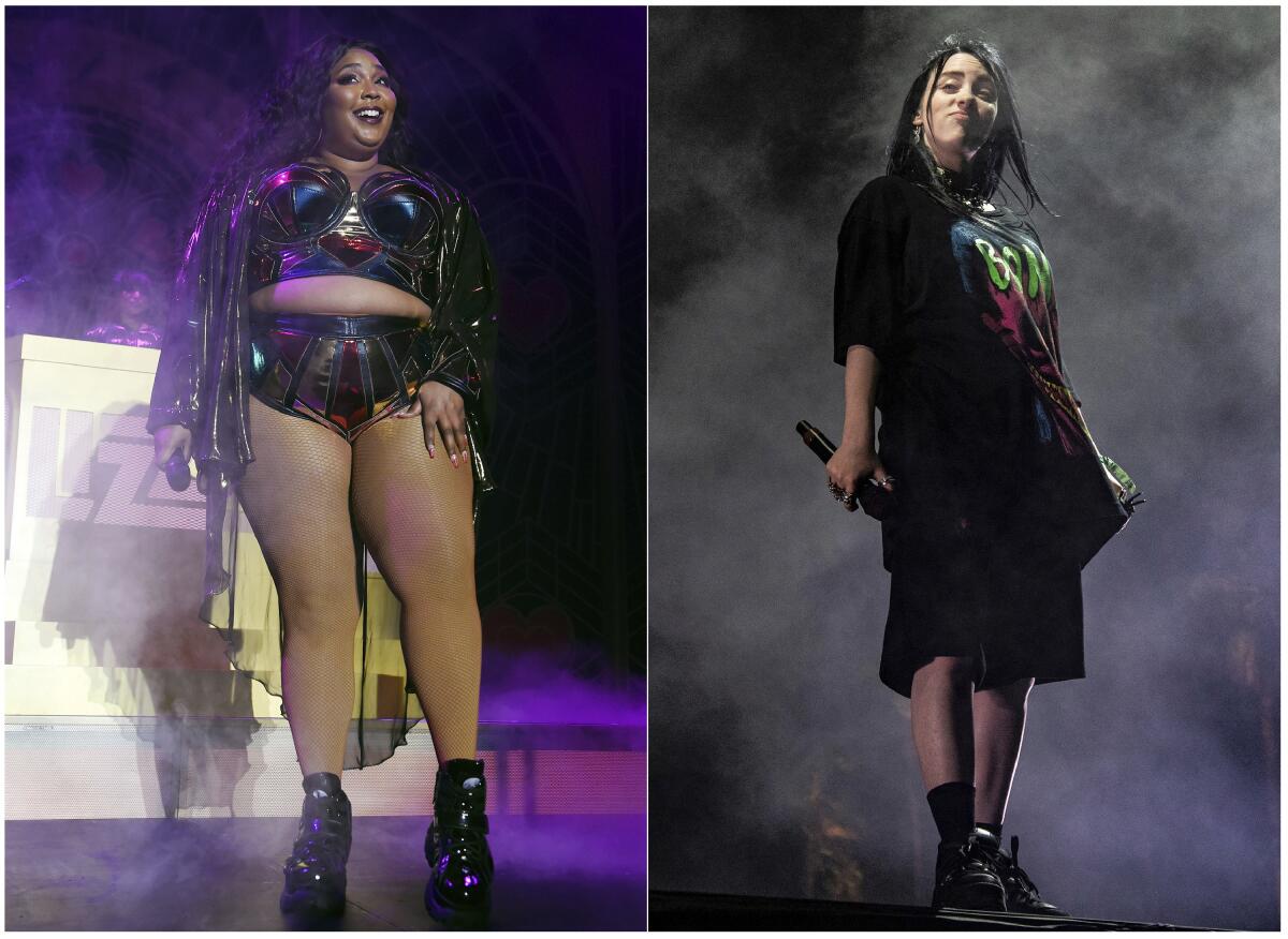 Lizzo, left, and Billie Eilish in side-by-side photos