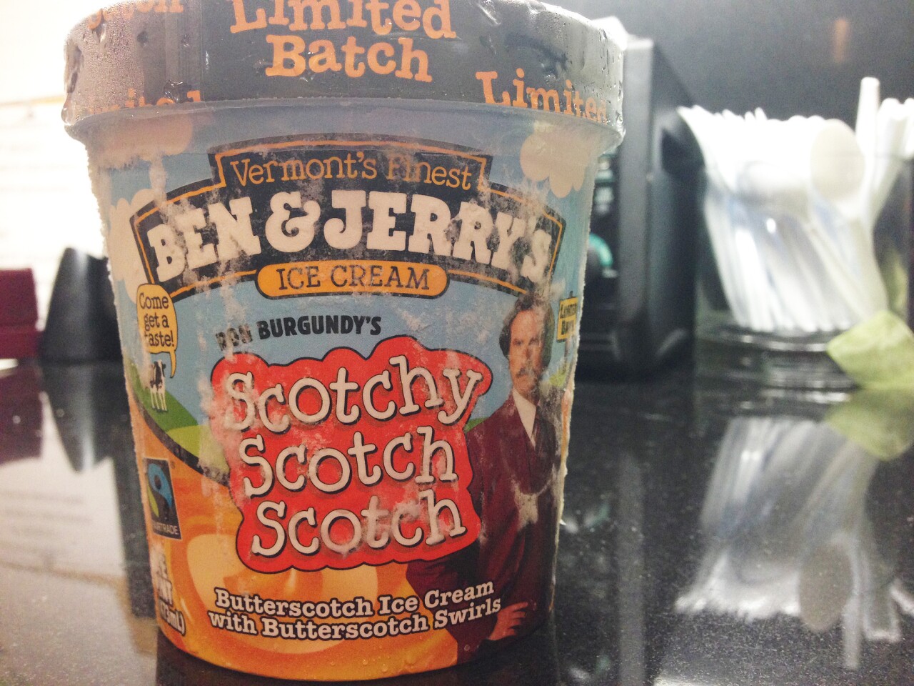 A container of the new Ben & Jerry's Ron Burgundy's Scotchy Scotch Scotch.