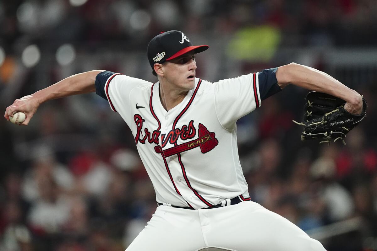 Atlanta Braves pitcher Kyle Wright works during the sixth inning in Game 2 of the NLDS against the Philadelphia Phillies.