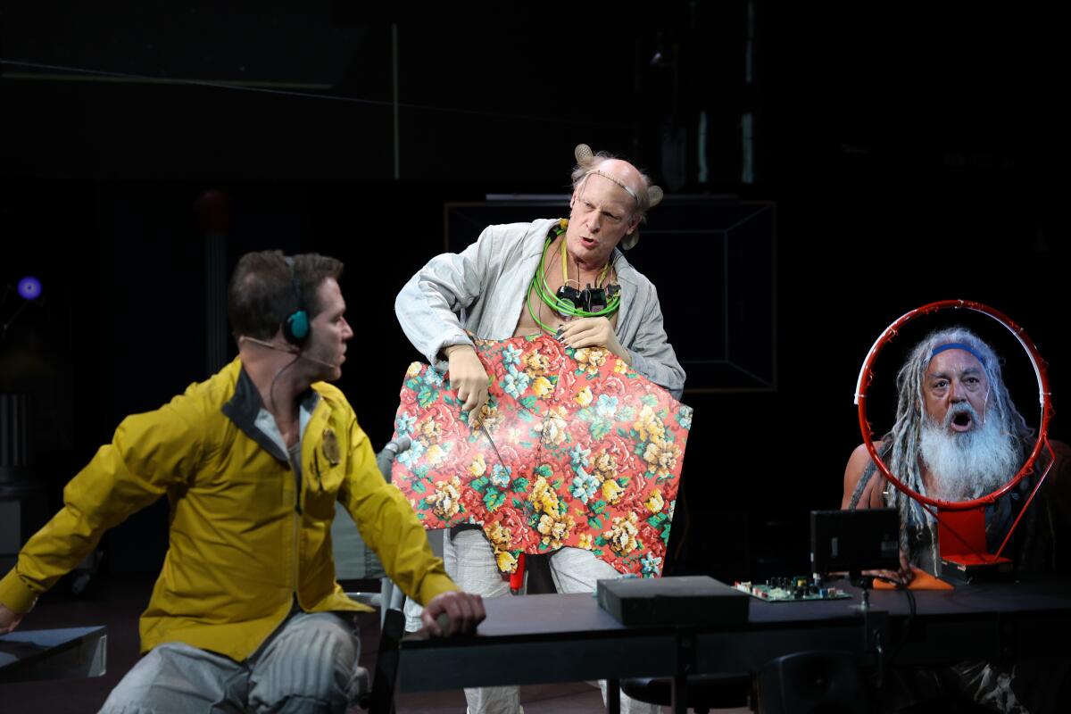 Ari Fliakos, from left, Jim Fletcher and Guillermo Resto in the Wooster Group production of "Symphony of Rats" at REDCAT.