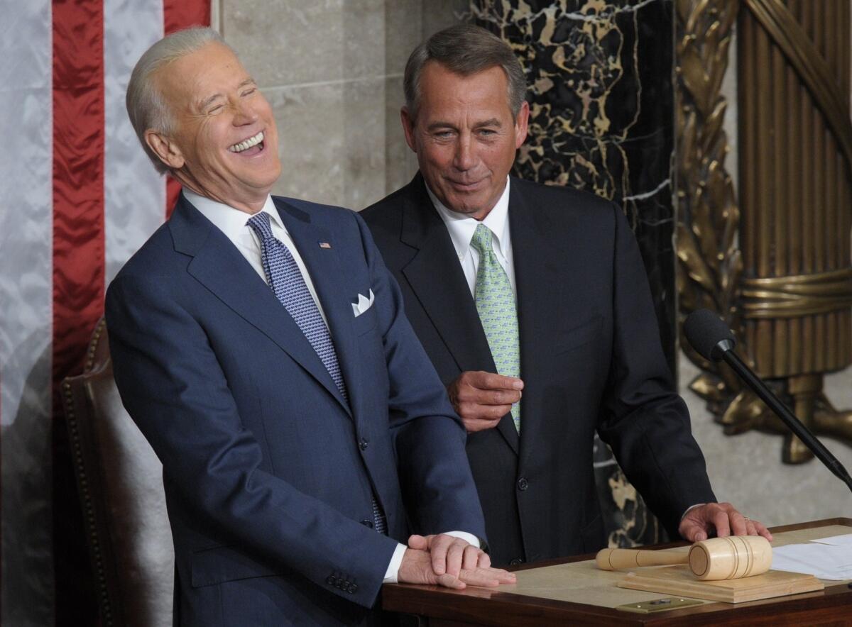 Vice President Joe Biden and House Speaker John Boehner joke before the State of the Union address on Capitol Hill.