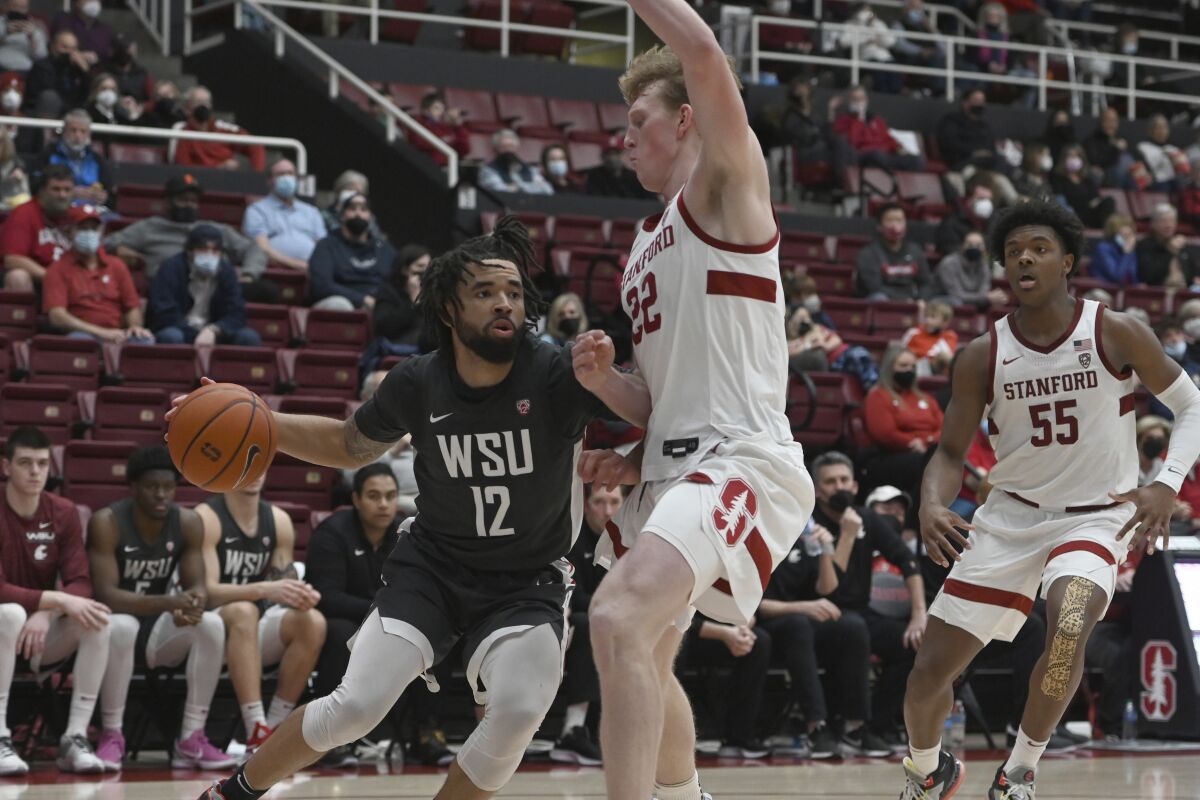 Stanford forward James Keefe (22) defends against Washington State guard Michael Flowers (12) during the second half of an NCAA college basketball game in Stanford, Calif., Thursday, Feb. 3, 2022. (AP Photo/Nic Coury)