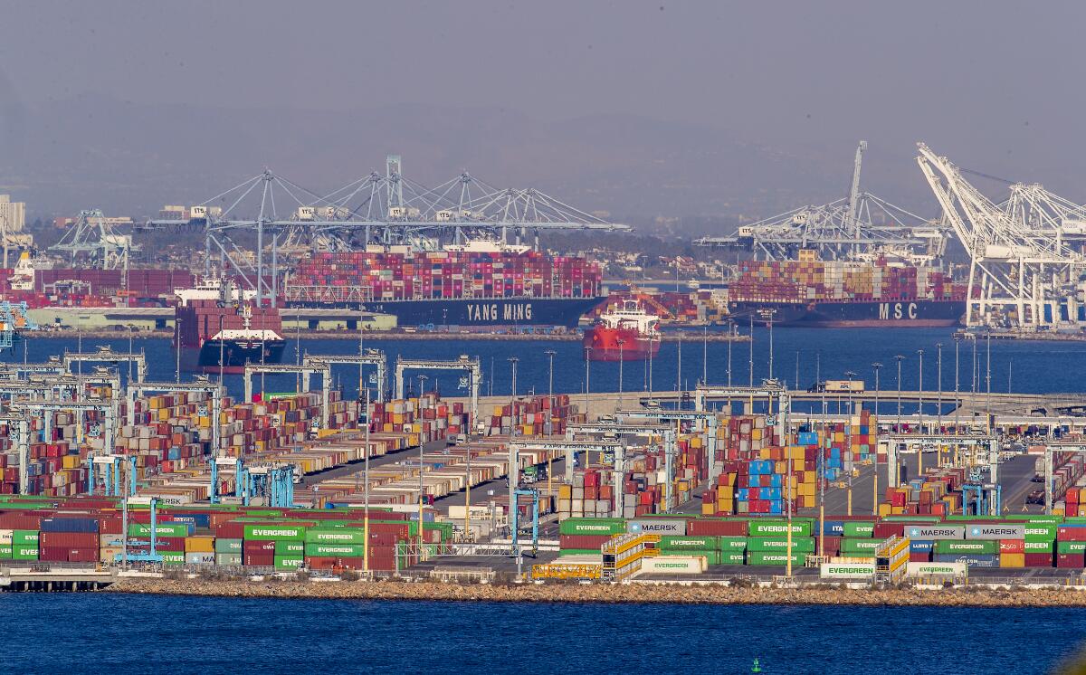 Container ships sit off the coast of the ports of Los Angeles and Long Beach, and many containers sit stacked on land. 