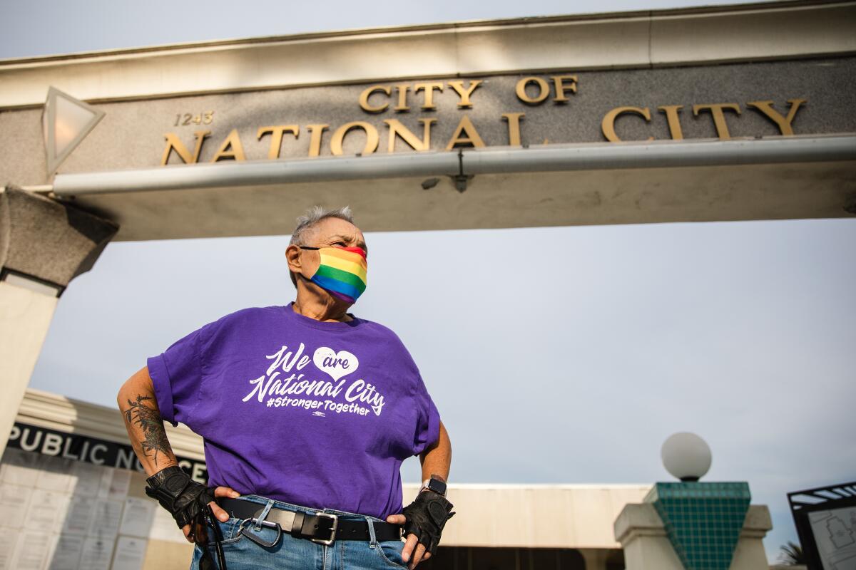 LGBT activist Coyote Moon, 66, in front of City Hall in National City. She is pushing to repeal a law banning cross-dressing.