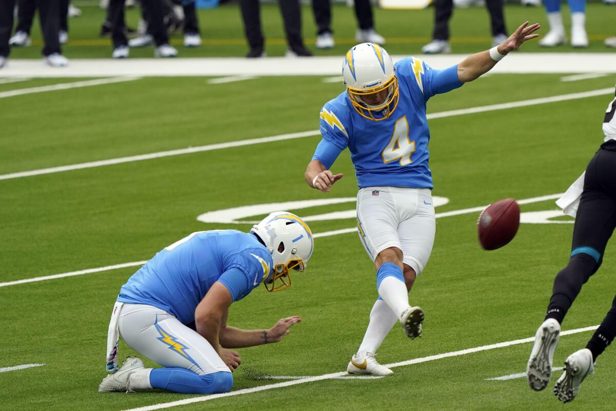 Chargers kicker Michael Badgley kicks a field goal against the Jacksonville Jaguars in October.