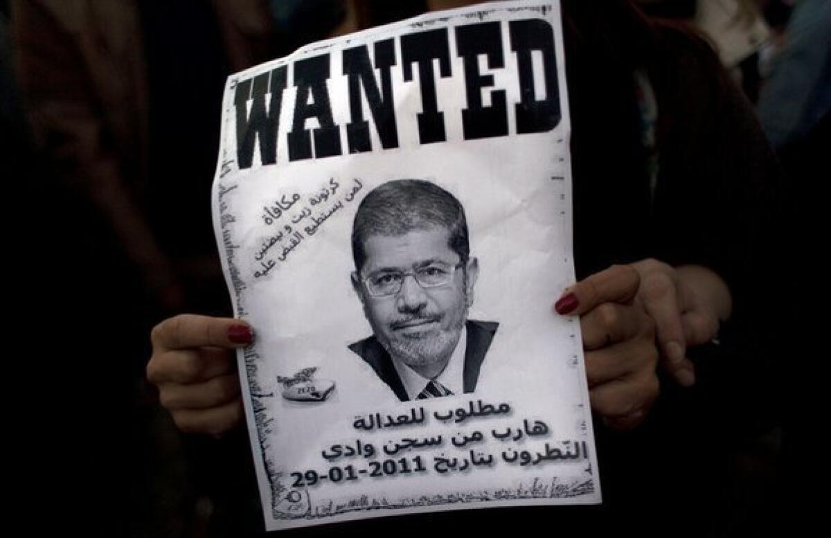 An Egyptian protester carries a poster with a picture of President Mohamed Morsi during an anti-Morsi protest in Cairo on Friday.