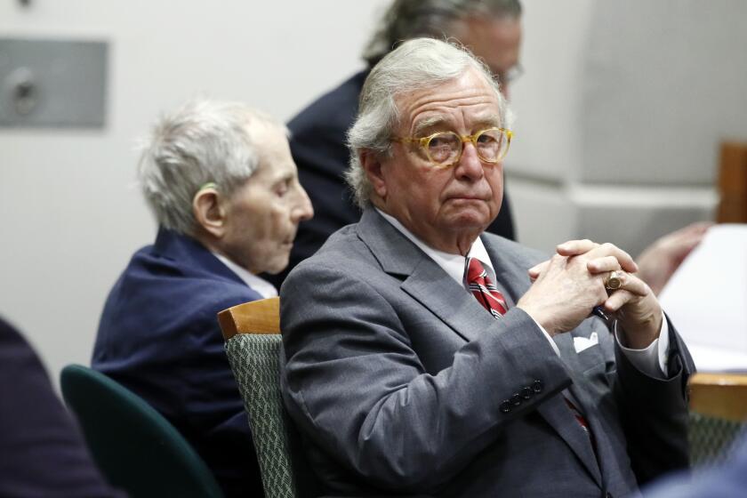 Mandatory Credit: Photo by ETIENNE LAURENT/POOL/EPA-EFE/Shutterstock (10574244p) Defense attorney Dick DeGuerin (R) appears in court next to the defendant Robert Durst (L) during the opening statements of his Trial at the Airport courthouse in Los Angeles, California, USA, 03 March 2020. Durst, who was the subject of an HBO documentary series called 'The Jinx: The Life and Deaths of Robert DurstO, is accused of murdering his close friend Susan Berman in 2000. Trial People v Robert Durst - Opening Statements, Los Angeles, USA - 04 Mar 2020