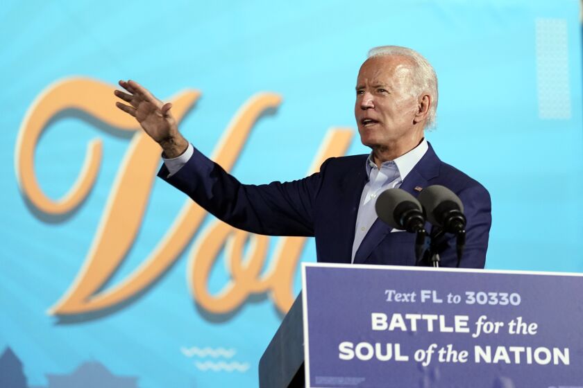 Democratic presidential candidate former Vice President Joe Biden speaks at a drive-in rally at the Florida State Fairgrounds, Thursday, Oct. 29, 2020, in Tampa, Fla. (AP Photo/Andrew Harnik)