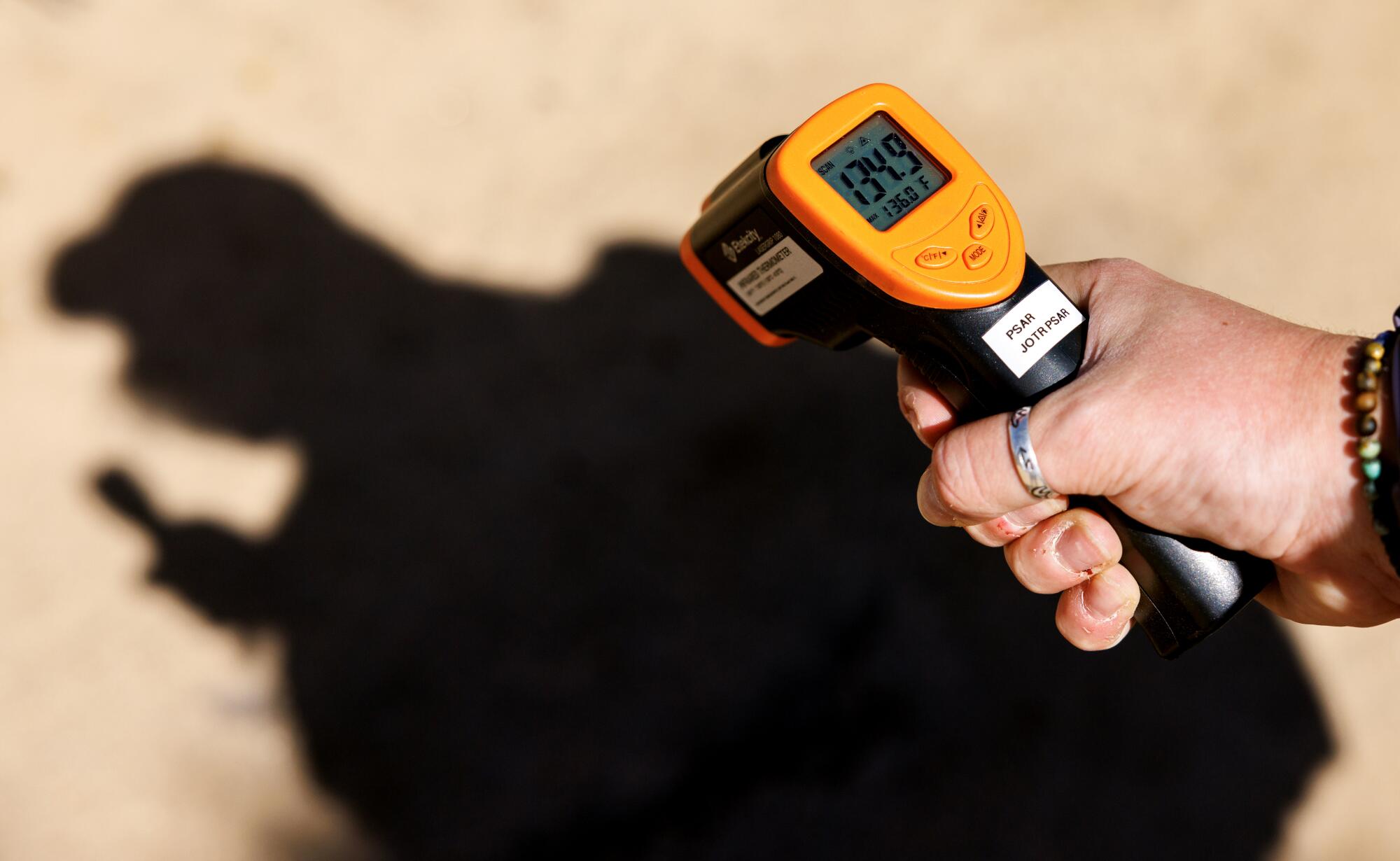 A hand points a thermometer gun toward the desert floor. A digital indicator reads 134.9 degrees. 