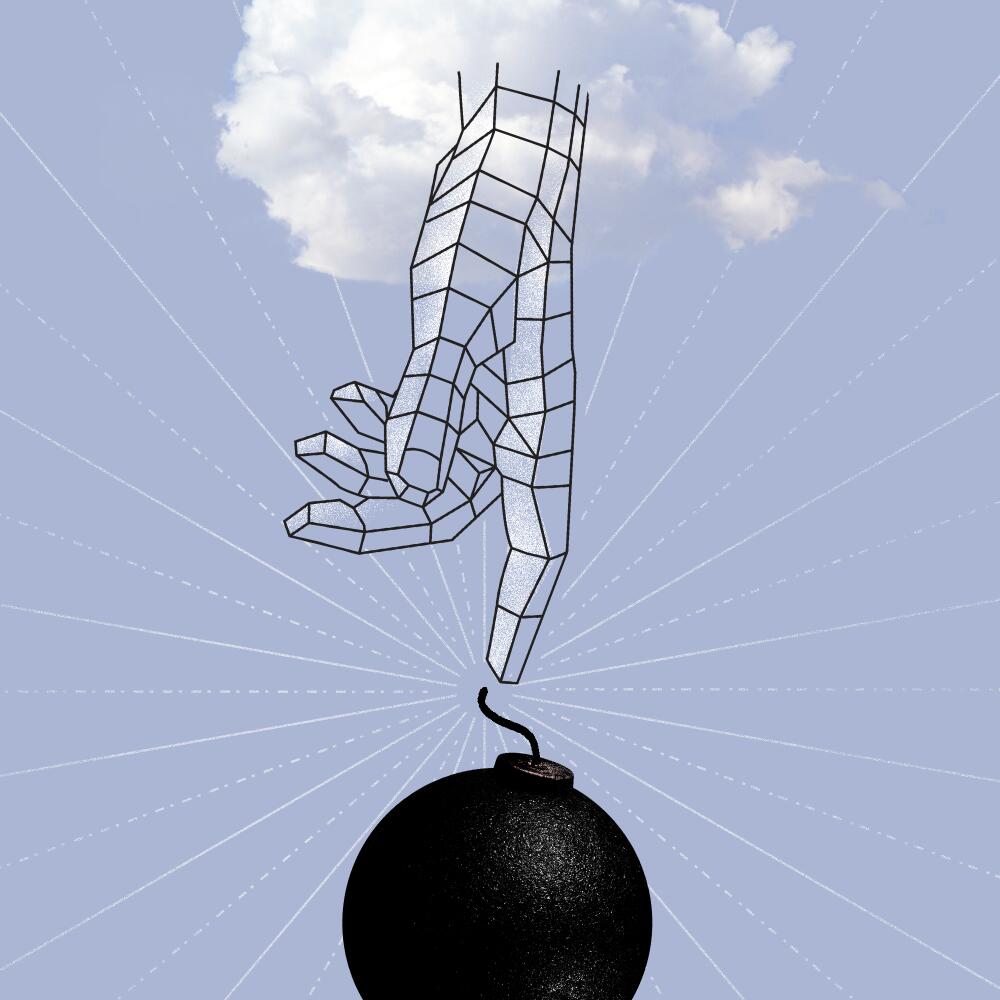 Illustration of a wireframe hand reaching down from a cloud to ignite a spherical bomb's wick.