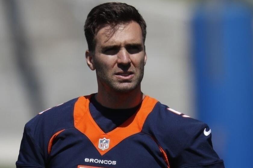 Denver Broncos quarterback Joe Flacco (5) takes part in drills during an NFL football organized training activity session at the team's headquarters Monday, May 13, 2019, in Englewood, Colo. (AP Photo/David Zalubowski)