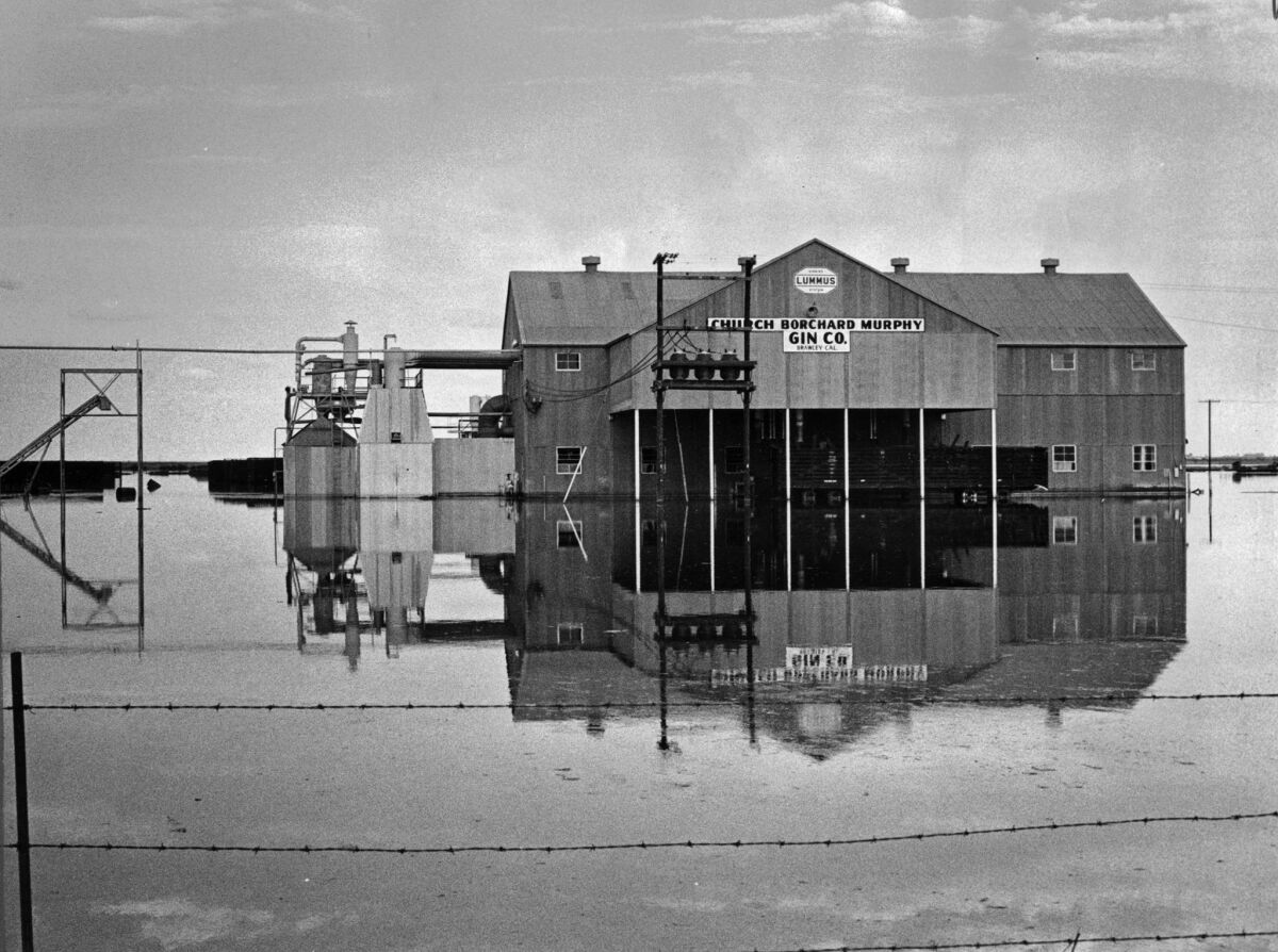 Aug. 24, 1977: Flooded cotton gin on Dogwood Road in Brawley inundated by flood waters following heavy rains.