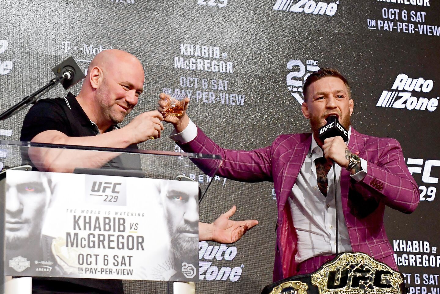 NEW YORK, NY - SEPTEMBER 20: Conor McGregor shares his Irish Whiskey with UFC President Dana White during the UFC 229 Press Conference at Radio City Music Hall on September 20, 2018 in New York City. (Photo by Steven Ryan/Getty Images) ** OUTS - ELSENT, FPG, CM - OUTS * NM, PH, VA if sourced by CT, LA or MoD **