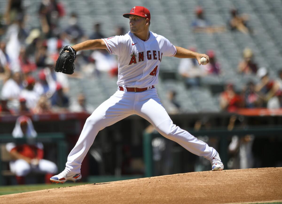 Reid Detmers gave up six runs in his MLB debut Sunday. (AP Photo/John McCoy)