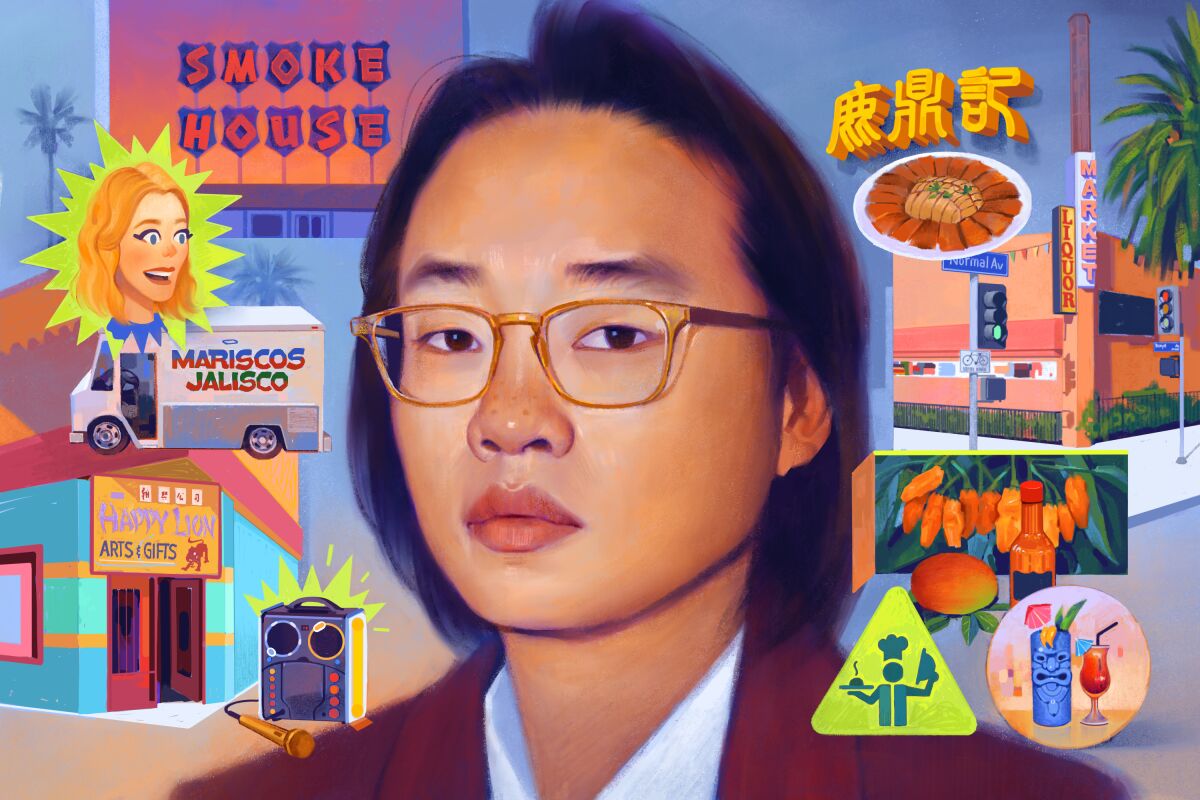 Digital painting of Jimmy O. Yang with signs from his favorite spots, chile peppers, a tiki drink, karaoke and his girlfriend