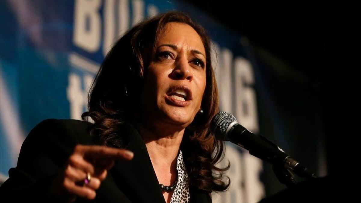 Sen. Kamala Harris (D-Calif.) addresses labor leaders at a dinner April 1 in Sacramento.