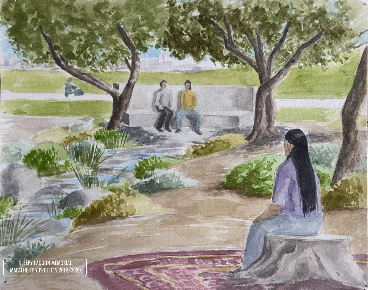 A rendering of the proposed Sleepy Lagoon monument for Riverfront Park in Maywood.