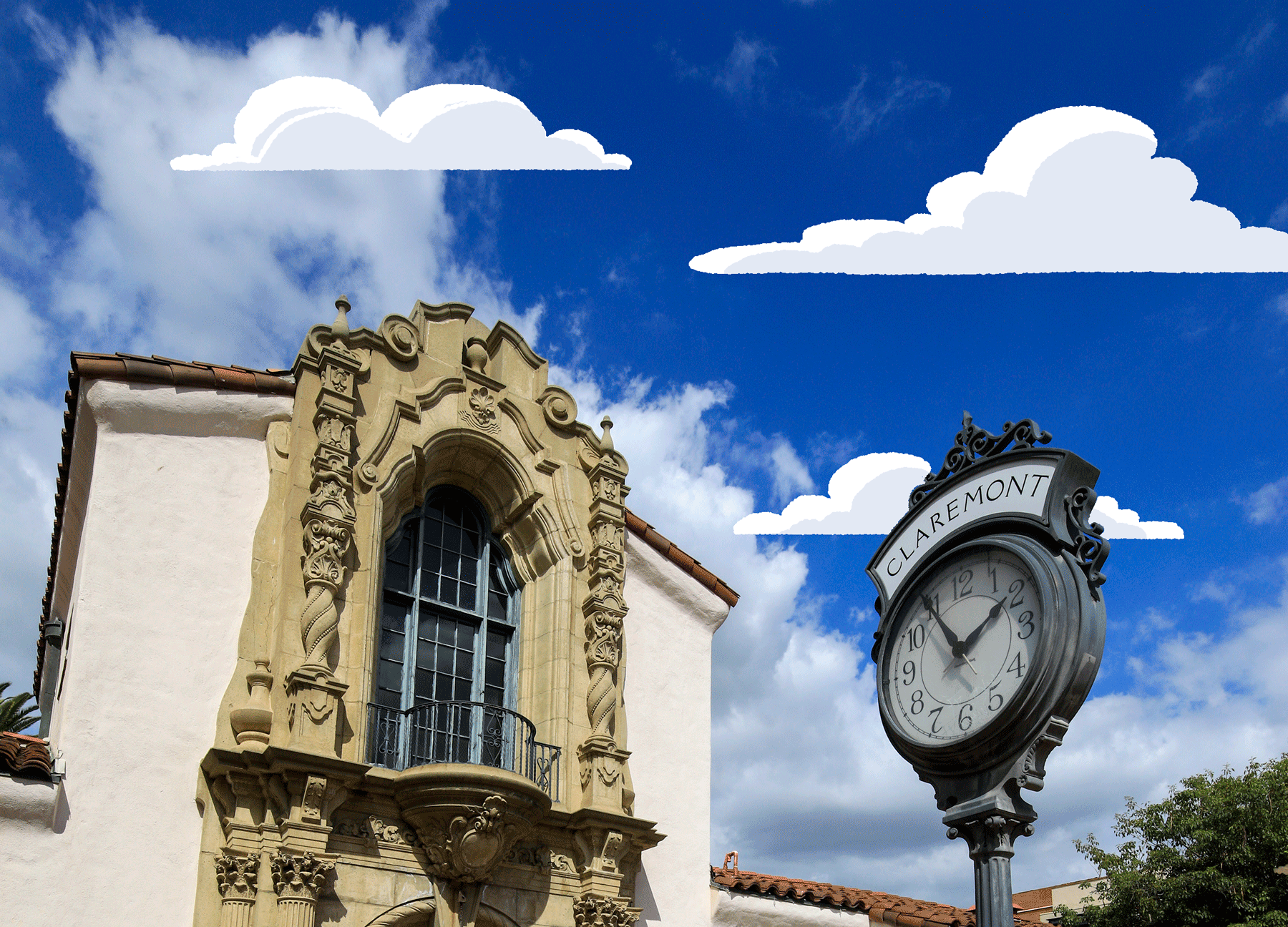 Photo of The Claremont Museum of Art with animated illustrated clouds.