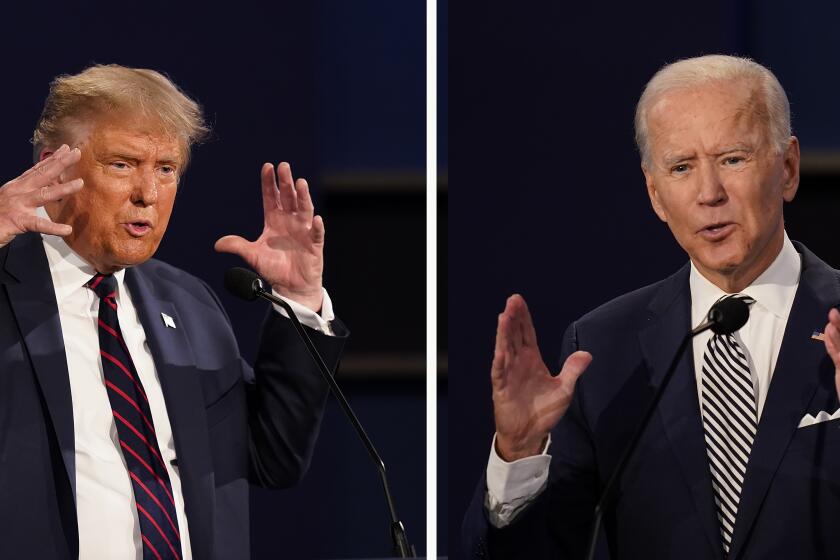 FILE - This combination of Sept. 29, 2020, file photos show President Donald Trump, left, and former Vice President Joe Biden during the first presidential debate at Case Western University and Cleveland Clinic, in Cleveland, Ohio. The Commission on Presidential Debates says the second Trump-Biden debate will be ‘virtual’ amid concerns about the president's COVID-19. (AP Photo/Patrick Semansky, File)