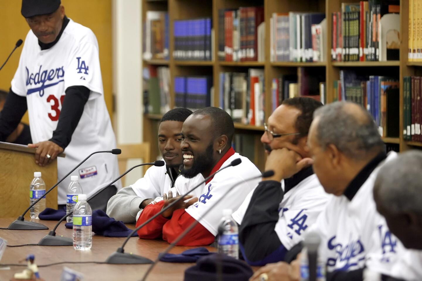 Los Angeles Dodgers player Tony Gwynn Jr., third from left, joined other team greats at Muir High School in Pasadena on Friday, April 13, 2012. The players spoke about former Muir High graduate and local and national hero Jackie Robinson and encouraged students to follow their dreams. From left, Derrel Thomas, Dee Gordon, Gwynn, Jr., Kenny Landreaux, Tommy davis and "Sweet" Lou Johnson.