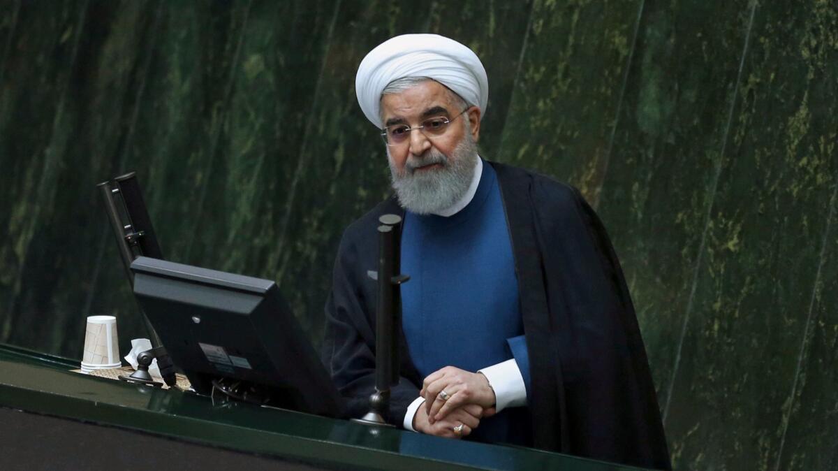 Iranian President Hassan Rouhani speaks to an open session of parliament in Tehran on Oct. 29, 2017.