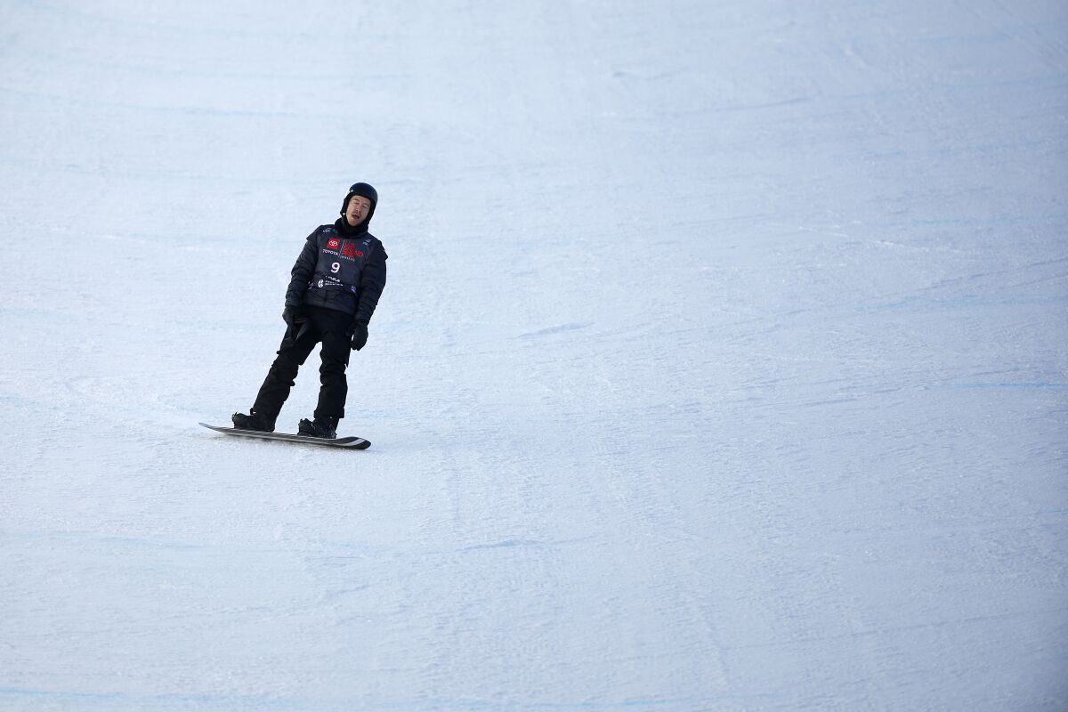 Shaun White of Team United States reacts after crashing on his final run in the Men's Snowboard Halfpipe Final.