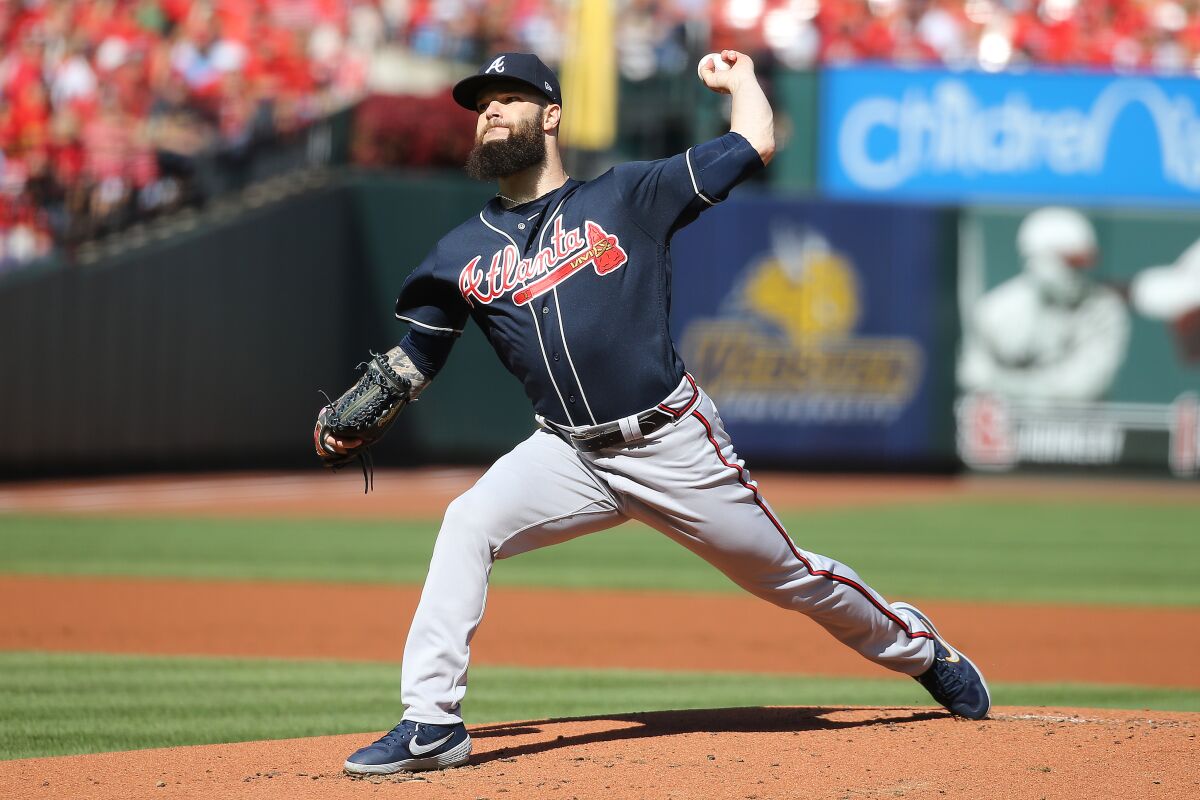 Dallas Keuchel pitches for the Braves during Game 4 of the NLDS against the Cardinals on Oct. 7, 2019.